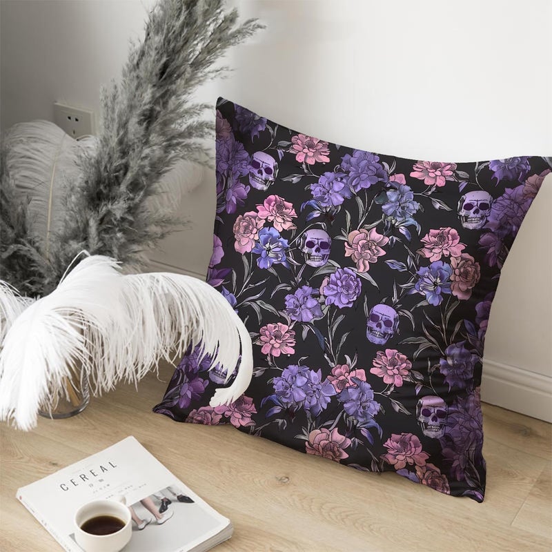 RBAFAO Gothic Floral Throw Pillow Cover, Darkly Elegant Floral Decorative Pillow Spooky Tiki Skull Flower Motif, Witchy Art Deco Pillowcase Cushion Cover for Bed Sofa Living Room (Purple, 18x18inches) - Image 4